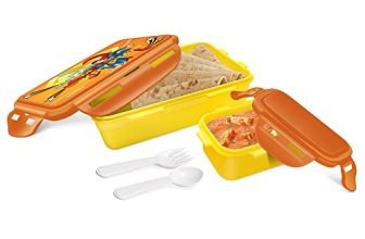 MILTON Mini Fun Treat Super Hero Plastic Tiffin Box for Kids, 650 ml, with Inner Container, 125 ml, Light Yellow | School Lunch Box | Leak Proof | Food Grade | Easy to Carry | Easy to Clean