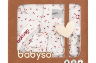 BABYSO Premium 7-Piece Newborn Gift Set, 100% Cotton Baby Clothing Essentials, Shirt, Shorts, Cap, Mittens, Booties, Napkin, Perfect Box, 0-6 Months (Cherry Print)