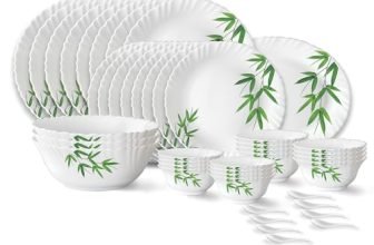 Larah by Borosil Bamboo Leaves Fluted Series Opalware Dinner Set | 44 Pieces for Family of 8 | Microwave & Dishwasher Safe | Bone-Ash Free | Crockery Set for Dining & Gifting | Plates & Bowls | White