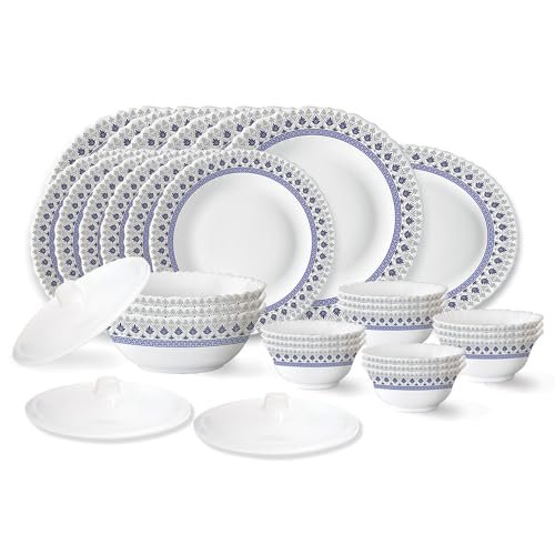 Larah by Borosil Ocean Fluted Series Opalware Dinner Set | 31 Pieces for Family of 6 | Microwave & Dishwasher Safe | Bone-Ash Free | Crockery Set for Dining & Gifting | Plates & Bowls | White