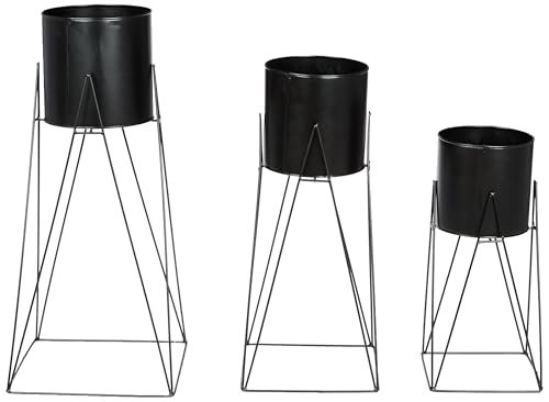 Amazon Brand – Solimo Metal Planters Pot Holder (Square Base) with Metal Plant Stand (Black, Set of 3) | Tall Indoor Plant Stand with Planter Pot, suited for indoor/outdoor