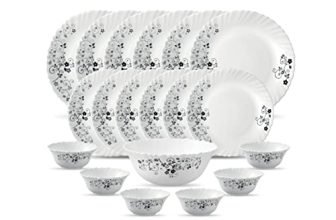 La Opala Diva Classique Collection Opal Glass Crockery | for Family of 6 | Dinner Set 19 pcs Mystrio Black | Plates & Bowls for Dining | Microwave Safe | 100% Vegetarian | Extra Strong | White