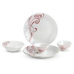 CELLO Red Swirl Imperial Series Opalware Dinner Set of 10 Pieces for Family of 4 | Bone-Ash Free & Leadfree Opal Glass, Microwave & Dishwasher Safe Plates & Bowls Crockery Set for Dining & Gifting