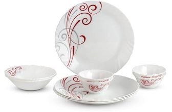 CELLO Red Swirl Imperial Series Opalware Dinner Set of 10 Pieces for Family of 4 | Bone-Ash Free & Leadfree Opal Glass, Microwave & Dishwasher Safe Plates & Bowls Crockery Set for Dining & Gifting