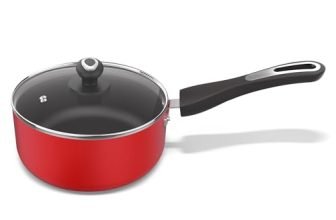 Preethi Dura Collection Non Stick Milk Pan | 16 cm | 5 Star Non Stick | Gas & Induction Compatible | Chilly Red | 1L | 1 Piece | Aluminium
