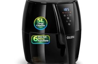 Glen Digital Air Fryer 5L, 1500W Large Airfryer with 6 Pre-Set Function, Non-Stick Basket, Auto Sleep & Shut Off, Timer & Temperature Control, Bake Fry Roast & Grill with Less Oil – Black (SA3041DIGI)