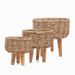 Jute Planter Basket Set of 3 with Wooden Legs, Handwoven Decorative Plant Stand for Indoor Plants, Flower Pot Holder Living Room, Balcony, Garden, Rustic Home Décor, 10 x 10, 8 x 8 & 7 x 7 Inch