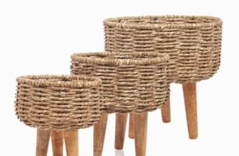Jute Planter Basket Set of 3 with Wooden Legs, Handwoven Decorative Plant Stand for Indoor Plants, Flower Pot Holder Living Room, Balcony, Garden, Rustic Home Décor, 10 x 10, 8 x 8 & 7 x 7 Inch