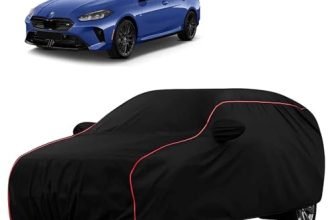 Sulfar 100% Water Resistant Car Body Cover Compatible with Mirror for BMW 2 Series Gran Coupe (Triple Stitched, Full Bottom Elastic, Black with Red Piping)