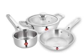 Pigeon Elite Stainless Steel Triply 4 Pcs Gift Set – 22cm (2L) Kadai, 22cm (1L) Frypan and 14cm (1.1L) Saucepan, Less Oil Use, Easy to Clean – Induction and Gas Stove Compatible – Silver