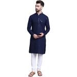 SOJANYA (Since 1958 Men’s Pure Cotton Navy Blue Emb 4Booti Sequence Kurta & White Pyjama Set