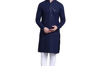 SOJANYA (Since 1958 Men’s Pure Cotton Navy Blue Emb 4Booti Sequence Kurta & White Pyjama Set