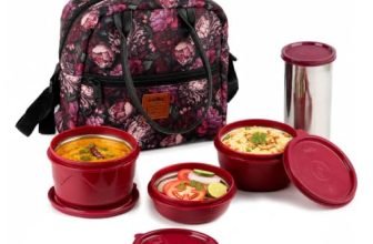 CELLO Bella Lunch Box with Bag for Office Use, Maroon | 225ml, 375ml, 550ml Microwave & Oven Safe Containers with 500ml Tumbler, Airtight Snap Lock Leak Proof Insulated Tiffin Box for College & Travel