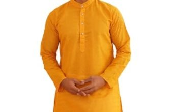SOJANYA (Since 1958 Men’s Pure Cotton Chikankari Embroidered Mustard Straight Long Kurta