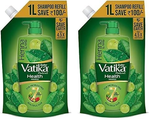 Dabur Vatika Health Shampoo – 1L (Refill Pouch) | With 7 natural ingredients | For Smooth, Shiny & Nourished Hair | Repairs Hair damage, Controls Frizz | For All Hair Types | Goodness of Henna & Amla