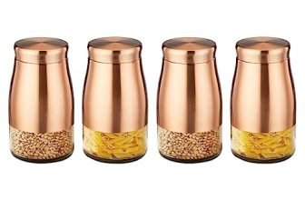 Amazon Brand – Solimo Rose Gold Tapered Glass Jar | Multipurpose Kitchen Organizer with See-Through Window | 1150 ml Set of 4