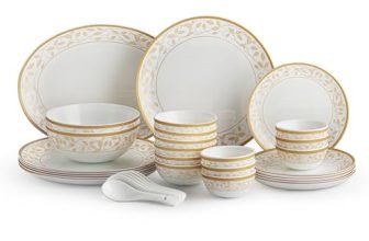 CELLO Royal Amber Gold Divine Series Opalware Dinner Set of 33 Pieces for Family of 6 | Bone-Ash Free & Leadfree Opal Glass Microwave & Dishwasher Safe Crockery Plate Bowl Set for Daily Use & Gifting