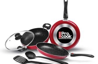 Milton Pro Cook Kitchen Pride Set of 5 Non Stick Cookware | Non Induction I Cooking Pan, Kadhai with Lid, Tawa, Nylon Laddle & Spatula I Maroon
