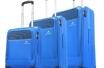 Aristocrat Oasis Plus Set of 3 Cabin, Medium & Large Size Soft Luggage (59 cm, 69 cm & 79 cm) | Spacious Polyester Trolley with 4 Spinner Wheels and Combination Lock | Dazzling Blue | Unisex