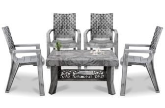 MAHARAJA Luxury Plastic Armchair & Table Set | Heavy-Duty & Sleek Design for Every Space (Silver, 4 Chair+1 Table)