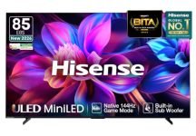 Hisense 215 cm (85 Inches) ULED MiniLED Smart AI TV and World Fastest OS – VIDAA | 144Hz Game Mode | 61W Speakers (Built-in Subwoofer) | 85E8S (Black)