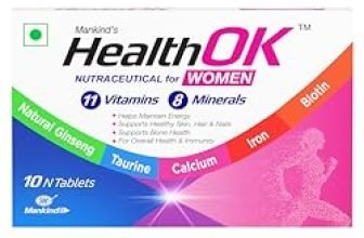 Mankind HealthOK Women Multivitamin 10 Tablets – Strawberry Flavour, Pure Vegetarian, 19+ Essential Vitamins & Minerals with Biotin & Ginseng | Hair Skin Nails, Energy & Bone Health Support x Pack of 3