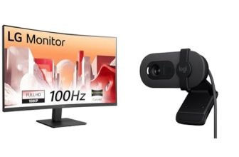 LG 32MR50C (32 Inch) Full HD Curved Monitor (1920 x 1080) with 100Hz, 5ms, VA Panel, AMD FreeSync™, HDMI X 2, VGA, Headphone Out, Tilt, Reader Mode + Logitech Brio 100 Full HD 1080P Webcam