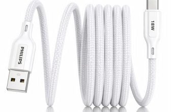 PHILIPS DLC4150AW/94 18W Type-A to Type-C Fast Charging Cable (1.5m, Bright White) | Nylon Braided | Compatible with iPhone 15+ Series, USB-C iPad Models, Samsung Galaxy & All Type C Devices