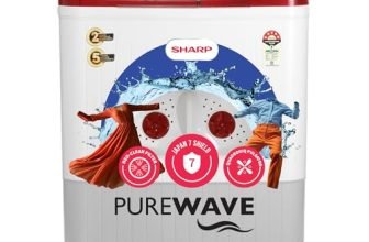 SHARP 9.0 kg, 5 star, Semi-Automatic Top Loading Washing Machine with HydroBlast Wash, Quadroniq Pulsator, 1300 RPM (ES-SD90NB-PR, Ruby Red, Pure Wave)