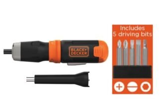 BLACK+DECKER BCF601AA-IN CORDLESS Screwdriver with 4 AA Alkaline Batteries, 5 Fastening Bits & 1 Extender, 220 RPM, 3X Faster Than Manual Driving, Integrated LED Light, Ideal For Fastening Purposes