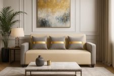 SOCOZI Liviro 3 Seater Sofa Set | Soft Velvet Suede Fabric | Modern Design | Plush Comfort Cushions for Living Room (Dual Cream-Light Grey)