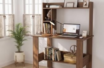 Andca Elevate Study Table with Bookshelf Hutch – Modern Wooden Computer Desk with Top & Bottom Storage | Premium Engineered Wood, Oak Brown (90 x 50 x 120 cm)