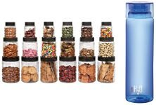 Cello Checkers Plastic PET Canister Set, 18 Pieces, Clear & H2O Unbreakable Plastic Bottle, 1 Litre, Assorted Colour Combo
