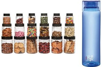 Cello Checkers Plastic PET Canister Set, 18 Pieces, Clear & H2O Unbreakable Plastic Bottle, 1 Litre, Assorted Colour Combo