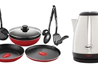 Pigeon By Stovekraft Mio Aluminium Gift Set, Red (8 Pieces) & Amaze Plus 1.5 Litre Electric Kettle, Black