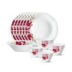 Larah by Borosil 19 Pieces Rose Red Opalware Dinner Set for Family of 6