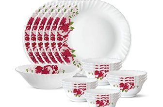 Larah by Borosil 19 Pieces Rose Red Opalware Dinner Set for Family of 6