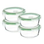 Amazon Brand – Solimo Borosilicate Glass Container with Air-Vent Lid (420ml Each) | Airtight & Leak-Proof | Freezer, Microwave & Dishwasher Safe (Set of 4) (Round Shaped) (Transparent)