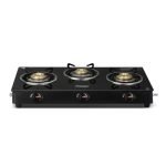 Prestige Iris 3 Burner Gas Stove | Toughened Glass Top | Tri-Pin Brass Burners | Ergonomic Knob | Black | 2Y Warranty | ISI Certified