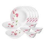 Larah by BOROSIL Fluted Series Diana Opalware Dinner Set | 10 Piece for Family of 4 | Microwave & Dishwasher Safe | Bone-Ash Free | Crockery Set for Dining & Gifting | Plates & Bowls Floral | White