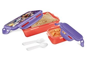 MILTON Mini Fun Treat Super Hero Plastic Tiffin Box for Kids, 650 ml, with Inner Container, 125 ml, Purple | School Lunch Box | Leak Proof | Food Grade | Easy to Carry | Easy to Clean