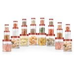 MILTON Vitro Airtight Canister for Kitchen Storage Food Grade Plastic, Stackable & Transparent Organizer Jars, Set of 24(8 x 300ml,700ml,1400ml each) Tea,Coffee,Sugar,Dry Fruits, Grains, Pulses, Brown