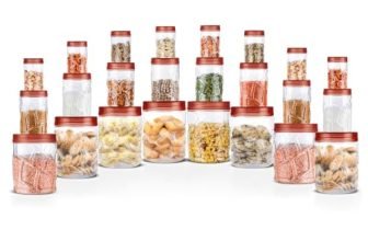 MILTON Vitro Airtight Canister for Kitchen Storage Food Grade Plastic, Stackable & Transparent Organizer Jars, Set of 24(8 x 300ml,700ml,1400ml each) Tea,Coffee,Sugar,Dry Fruits, Grains, Pulses, Brown