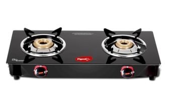 Pigeon Ignia 2 Burner Gas Stove with Open Heating Element, Black, Brass Burners, Toughened Glass, 2-Year Warranty