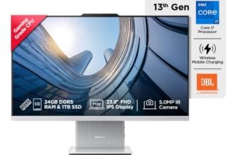 Lenovo IdeaCentre AIO Intel Core i7-13620H 24″ FHD (24GB RAM/1TB SSD/Win11/Microsoft 365 Basic + Office Home 2024/Wireless Charging/Wireless EOS Keyboard & Mouse,Grey) All-in-One Desktop
