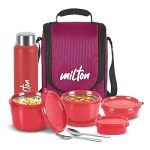 MILTON Pro Lunch Box with Steel Cutlery, 3 Microwave Safe Inner Steel Containers (180 ml, 320 ml, 450 ml), Plastic Chutney Dabba,100 ml, Bottle, 750 ml with Insulated Bag, Office Tiffin, Maroon