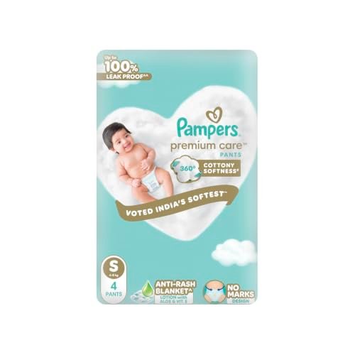 Pampers Premium Care Pant Style Baby Diapers S 4 Count | No Marks Design | Voted India’s #1 Softest Diaper | All in 1 diaper with 360 Cottony Softness