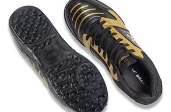 Vector X Striker Cricket Shoes Synthetic Leather Upper/PVC Sole Studs for Men Lace up Closure| Lightweight & Durable Footwear| Ideal for Turf, Ground & Hard Surfaces (Black-Gold, Size: 6)