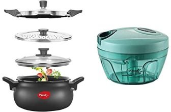 Pigeon by Stovekraft All in One Ceramic Super Outer Lid Cooker, 5 Liters, Black/Transparent – Aluminium & Stainless Steel & Polypropylene Mini Handy and Compact Chopper with 3 Blades(Green, 400 ml)
