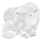 Cello Opalware Dazzle Series Lush Fiesta Dinner Set, 49Pcs | Opal Glass Dinner Set for 8 | Light-Weight, Daily Use Crockery Set for Dining | White Plate and Bowl Set